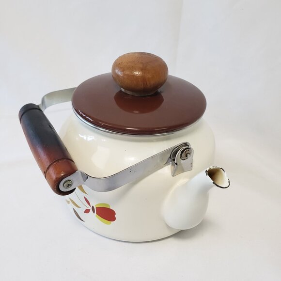 Hall Enamelware Autumn Leaf Teapot Jewel Tea Pot Enamel Metal Kettle Round Wood - Picture 6 of 16